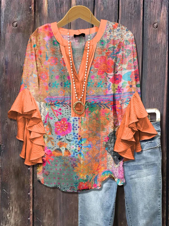 Damen Geblümt Halbarm Bluse Sommer Print V-Ausschnitt Täglich Lässig Oberteile