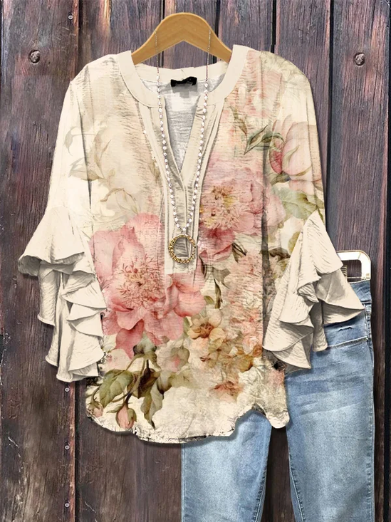 Damen Geblümt Halbarm Bluse Sommer Print V-Ausschnitt Täglich Lässig Oberteile