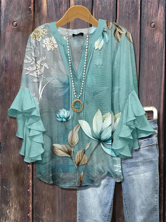 Damen Geblümt Halbarm Bluse Sommer Print V-Ausschnitt Täglich Lässig Oberteile