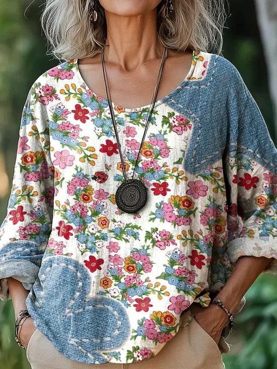 Damen Geblümt Dreiviertelärmel T-Shirts T-Shirt Rundhals Print Lässig Frühling/Herbst Oberteile