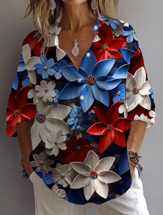Damen Geblümt Langarm Bluse Frühling/Herbst Print Hemdkragen Täglich Lässig Oberteile