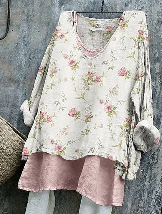 Damen Geblümt Langarm Bluse Frühling/Herbst Print V-Ausschnitt Täglich Lässig Oberteile