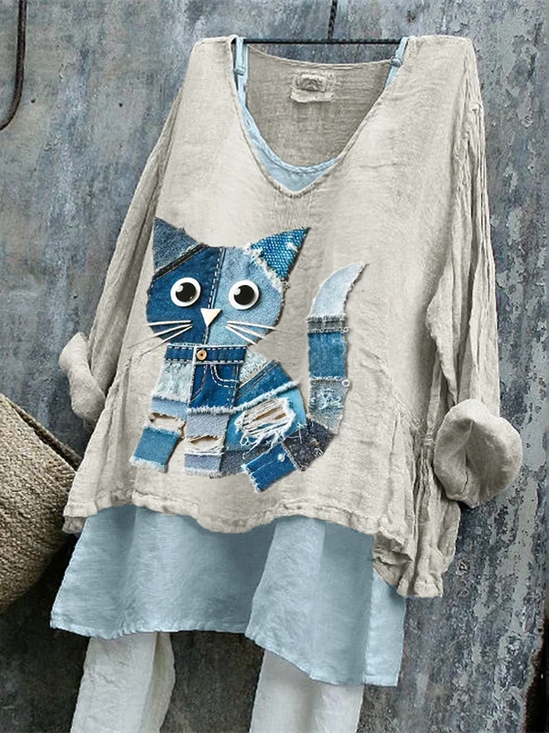 Damen Katze Langarm Bluse Frühling/Herbst Print V-Ausschnitt Täglich Lässig Oberteile