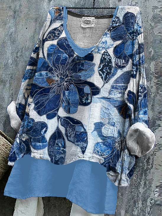 Damen Geblümt Langarm Bluse Frühling/Herbst Print V-Ausschnitt Täglich Lässig Oberteile