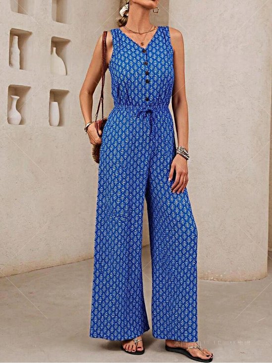 Damen Geometrisch V-Ausschnitt Ärmellos Lässig Sommer Jumpsuit