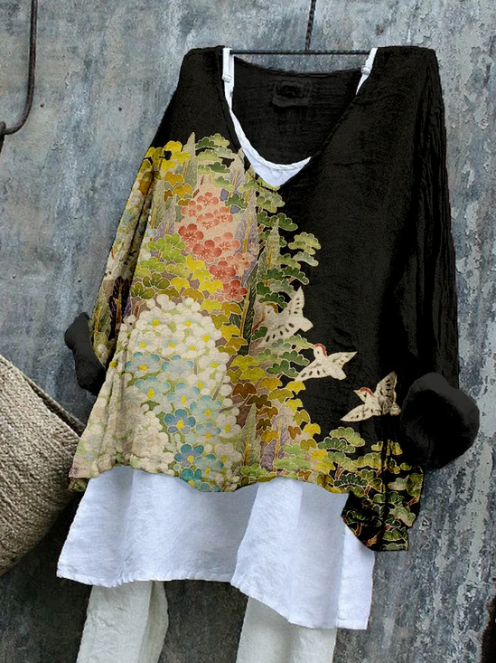 Damen Geblümt Langarm Bluse Frühling/Herbst Print V-Ausschnitt Täglich Lässig Oberteile