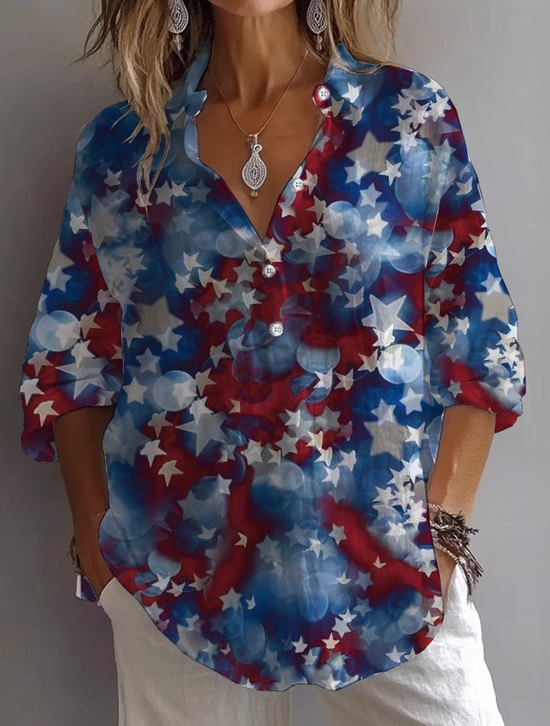 Damen Tag der Unabhängigkeit (Flagge) Langarm Bluse Frühling/Herbst Print Hemdkragen Täglich Lässig Oberteile