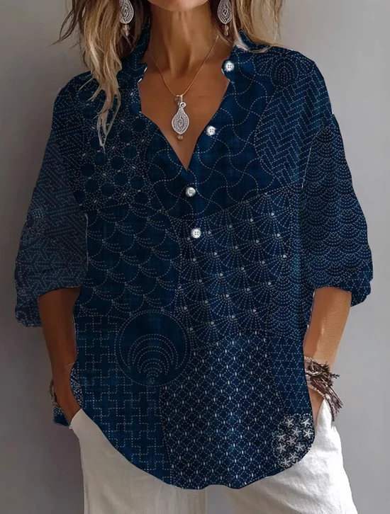 Damen Abstrakt Langarm Bluse Frühling/Herbst Print Hemdkragen Täglich Lässig Oberteile