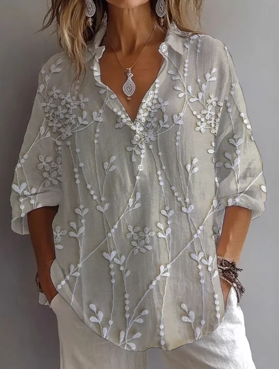 Damen Geblümt Langarm Bluse Frühling/Herbst Print Hemdkragen Täglich Lässig Oberteile