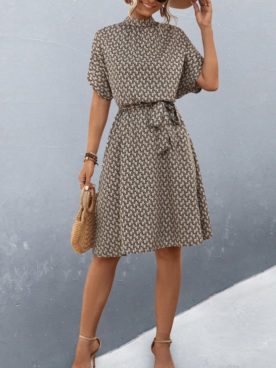 Damen Geometrisch Kurzarm Sommer Print Kleid Rundhals Täglich Retro Midi Tunika A-Linien-Kleid