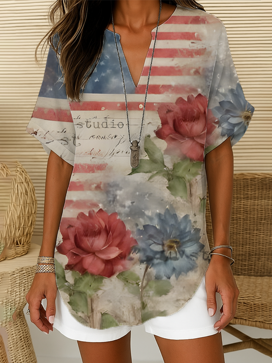 Damen Geblümt Kurzarm Bluse Sommer Print V-Ausschnitt Täglich Lässig Oberteile