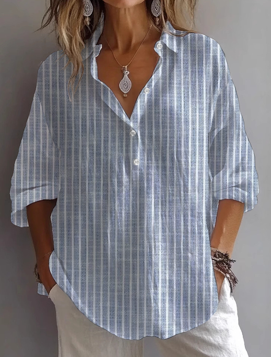 Damen Gestreift Langarm Bluse Frühling/Herbst Print Hemdkragen Täglich Lässig Oberteile