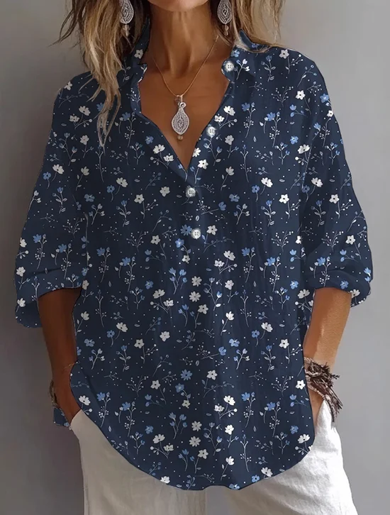 Damen Geblümt Langarm Bluse Frühling/Herbst Print Hemdkragen Täglich Lässig Oberteile