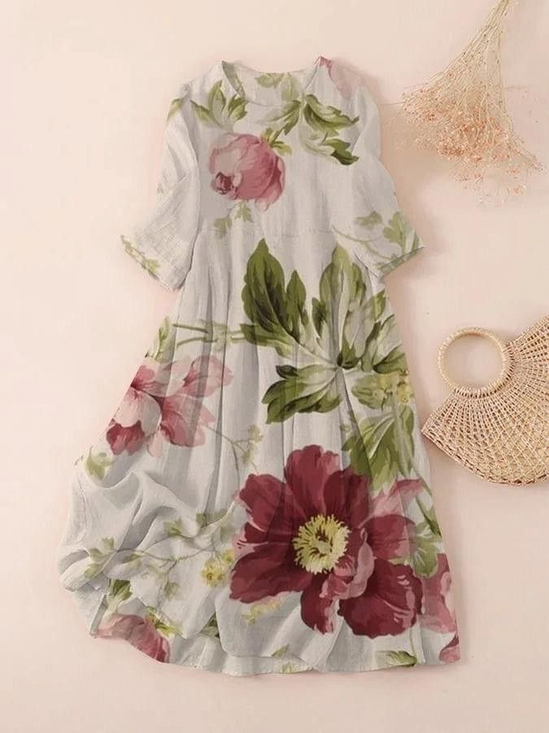 Damen Geblümt Dreiviertelärmel Frühling/Herbst Print Kleid Rundhals Täglich Lässig Maxikleid Klassisch H-Linie Kleid