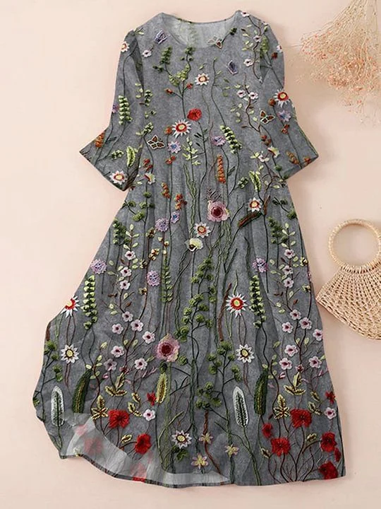 Damen Geblümt Dreiviertelärmel Frühling/Herbst Print Kleid Rundhals Täglich Lässig Maxikleid Klassisch H-Linie Kleid
