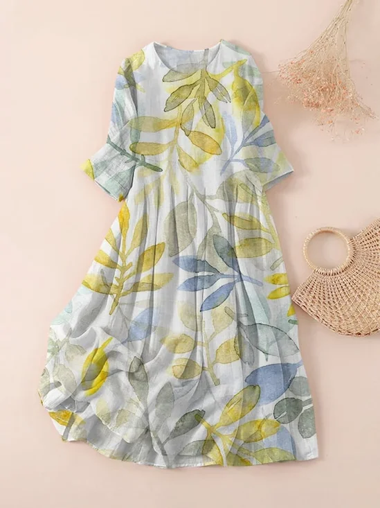 Damen Geblümt Dreiviertelärmel Frühling/Herbst Print Kleid Rundhals Täglich Lässig Maxikleid Klassisch H-Linie Kleid