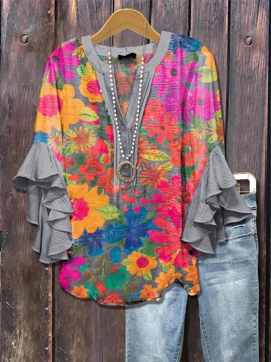 Damen Geblümt Halbarm Bluse Sommer Print V-Ausschnitt Täglich Lässig Oberteile