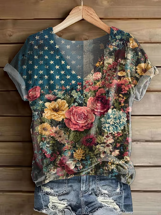 Damen Geblümt Kurzarm T-Shirts T-Shirt V-Ausschnitt Print Lässig Sommer T-Shirt mit Grafik Oberteile