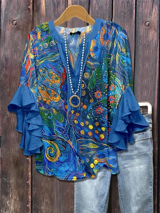 Damen Geblümt Halbarm Bluse Sommer Print V-Ausschnitt Täglich Lässig Oberteile