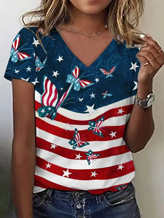 Damen Schmetterling Kurzarm T-Shirts T-Shirt V-Ausschnitt Print Lässig Sommer T-Shirt mit Grafik Oberteile