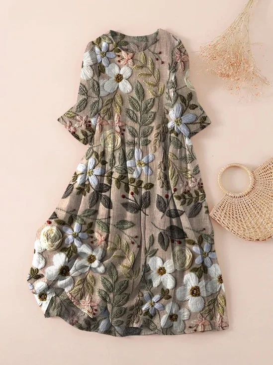 Damen Geblümt Dreiviertelärmel Frühling/Herbst Print Kleid Rundhals Täglich Lässig Maxikleid Klassisch H-Linie Kleid