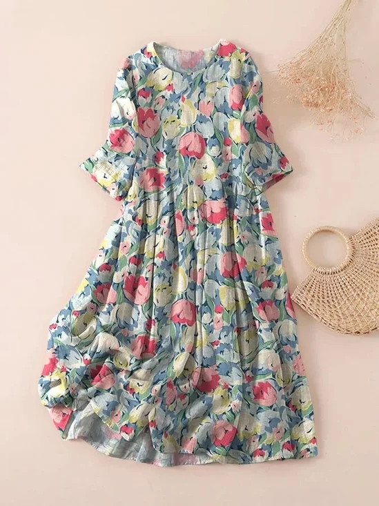 Damen Geblümt Dreiviertelärmel Frühling/Herbst Print Kleid Rundhals Täglich Lässig Maxikleid Klassisch H-Linie Kleid