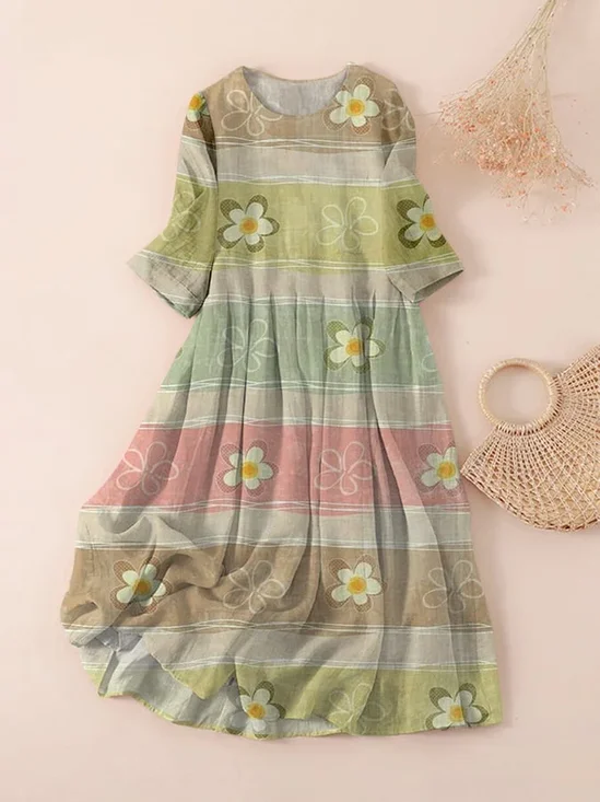 Damen Geblümt Dreiviertelärmel Frühling/Herbst Print Kleid Rundhals Täglich Lässig Maxikleid Klassisch H-Linie Kleid