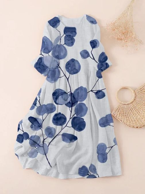 Damen Geblümt Dreiviertelärmel Frühling/Herbst Print Kleid Rundhals Täglich Lässig Maxikleid Klassisch H-Linie Kleid