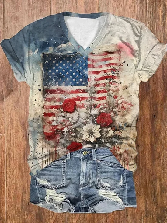 Damen Geblümt Kurzarm T-Shirts T-Shirt V-Ausschnitt Print Lässig Sommer T-Shirt mit Grafik Oberteile