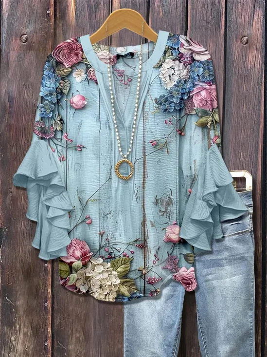 Damen Geblümt Halbarm Bluse Sommer Print V-Ausschnitt Täglich Lässig Oberteile