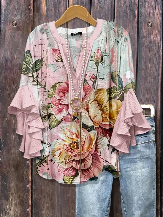 Damen Geblümt Halbarm Bluse Sommer Print V-Ausschnitt Täglich Lässig Oberteile