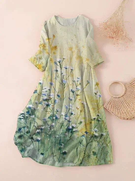 Damen Geblümt Dreiviertelärmel Frühling/Herbst Print Kleid Rundhals Täglich Lässig Maxikleid Klassisch H-Linie Kleid