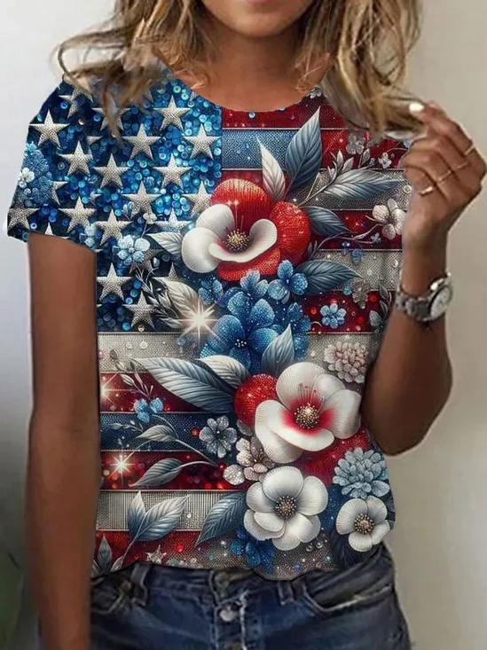 Damen Geblümt Kurzarm T-Shirts T-Shirt Rundhals Print Lässig Sommer T-Shirt mit Grafik Oberteile