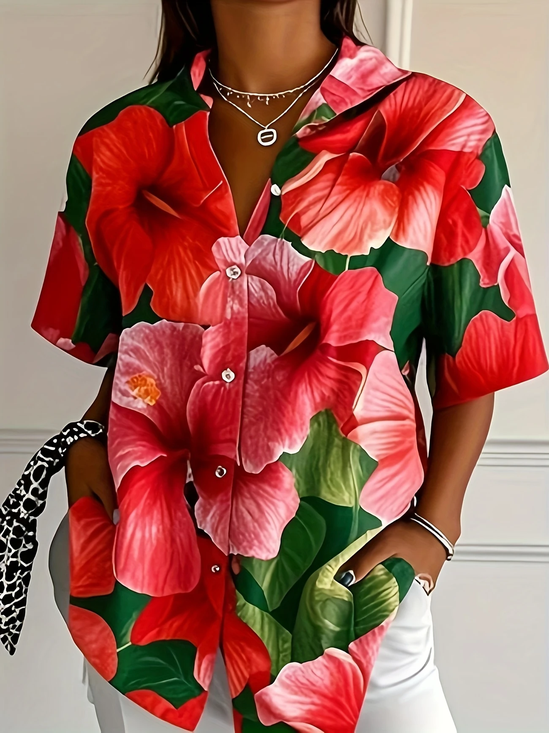 Damen Geblümt Kurzarm Bluse Sommer Print Hemdkragen Täglich Lässig Oberteile