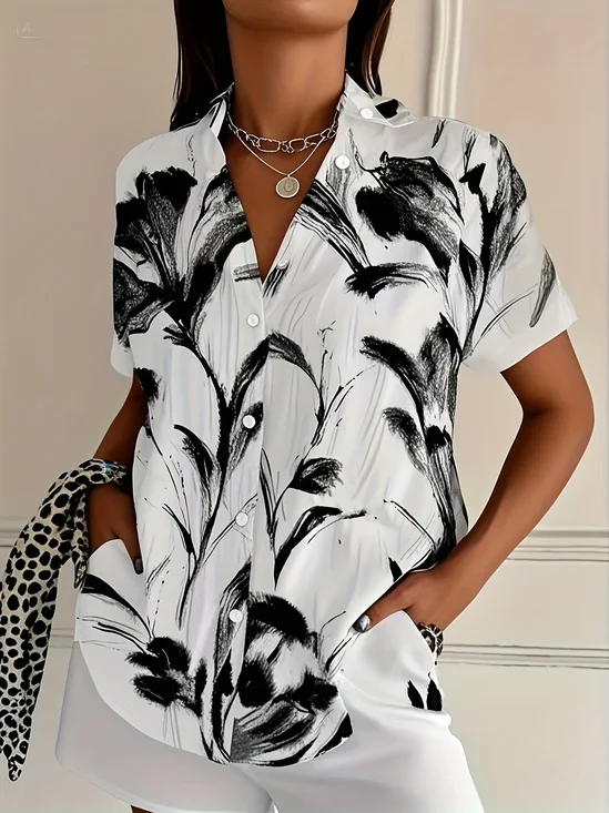 Damen Geblümt Kurzarm Bluse Sommer Print Hemdkragen Täglich Lässig Oberteile