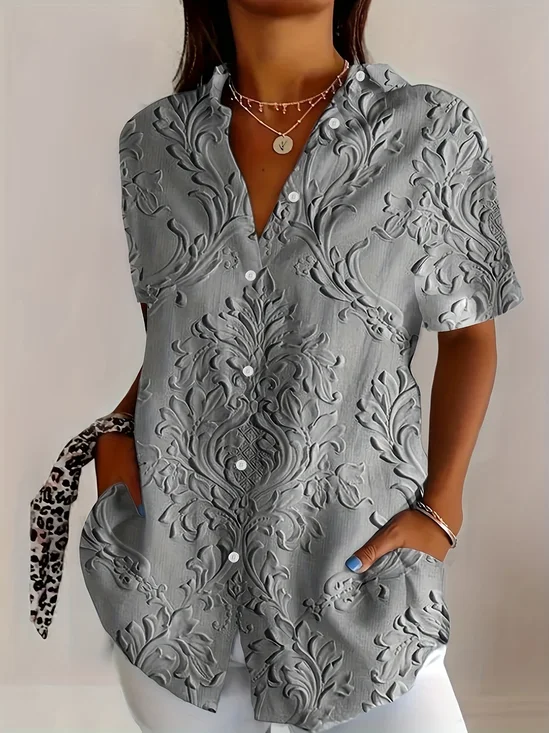 Damen Geblümt Kurzarm Bluse Sommer Print Hemdkragen Täglich Lässig Oberteile