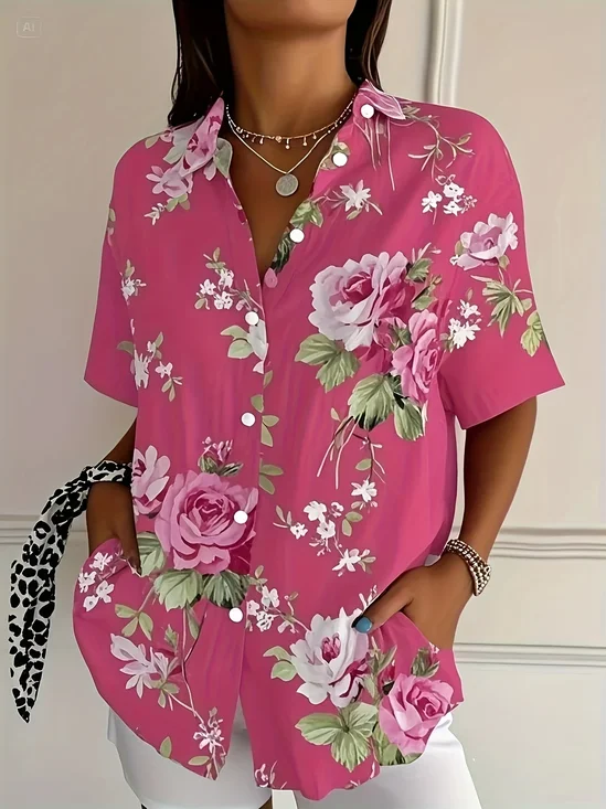 Damen Geblümt Kurzarm Bluse Sommer Print Hemdkragen Täglich Lässig Oberteile