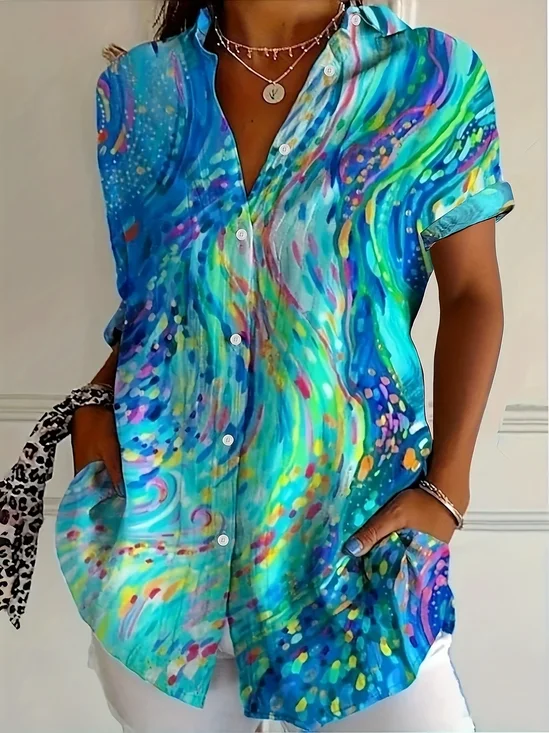 Damen Abstrakt Kurzarm Bluse Sommer Print Hemdkragen Täglich Lässig Oberteile