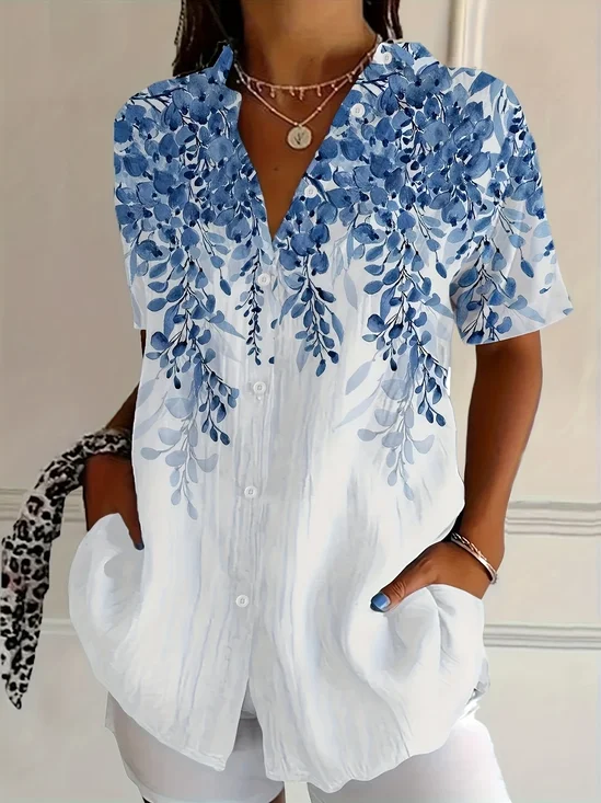 Damen Geblümt Kurzarm Bluse Sommer Print Hemdkragen Täglich Lässig Oberteile