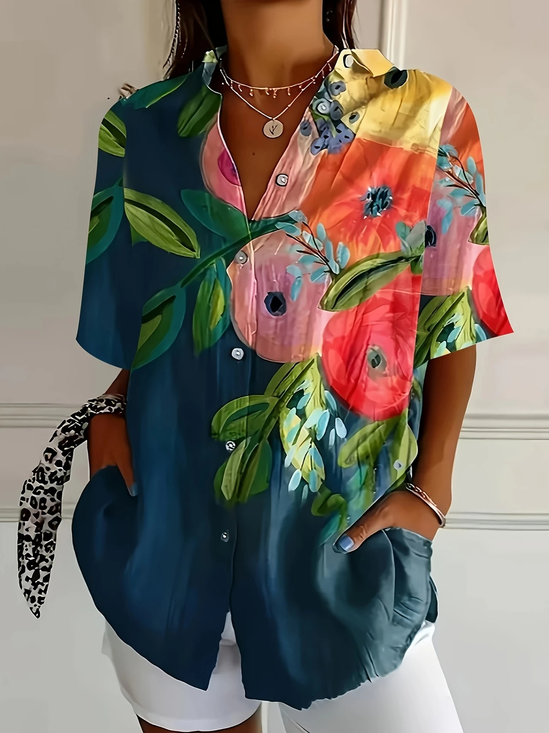 Damen Geblümt Kurzarm Bluse Sommer Print Hemdkragen Täglich Lässig Oberteile