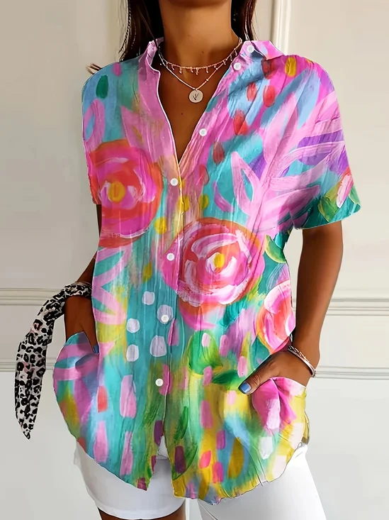 Damen Geblümt Kurzarm Bluse Sommer Print Hemdkragen Täglich Lässig Oberteile