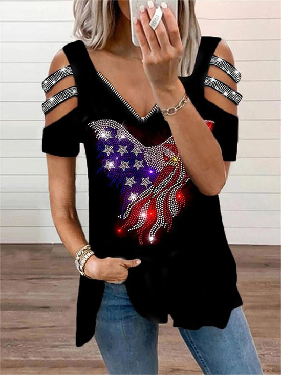 Damen Tag der Unabhängigkeit (Flagge) Kurzarm T-Shirts T-Shirt V-Ausschnitt Print Retro Sommer Tunika Oberteile
