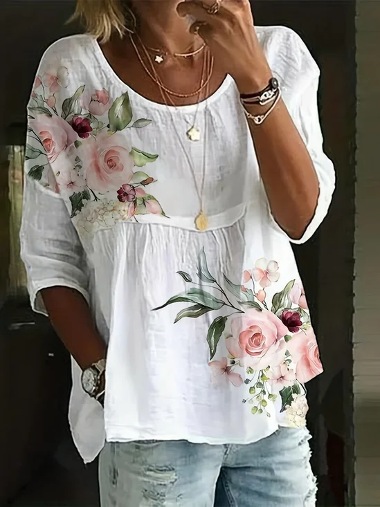 Damen Geblümt Halbarm Bluse Sommer Print Rundhals Täglich Lässig Oberteile