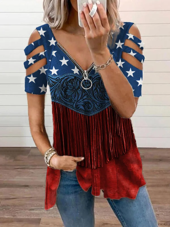 Damen Tag der Unabhängigkeit (Flagge) Kurzarm T-Shirts T-Shirt V-Ausschnitt Print Retro Sommer Tunika Oberteile