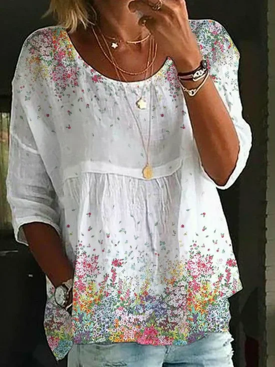Damen Geblümt Halbarm Bluse Sommer Print Rundhals Täglich Lässig Oberteile