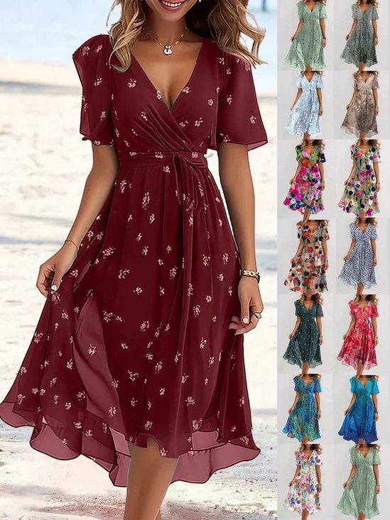Damen Geblümt Kurzarm Sommer Print Kleid V-Ausschnitt Täglich Retro Maxikleid Rüschenrock A-Linien-Kleid