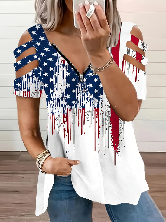 Damen Tag der Unabhängigkeit (Flagge) Kurzarm T-Shirts T-Shirt V-Ausschnitt Print Retro Sommer Tunika Oberteile