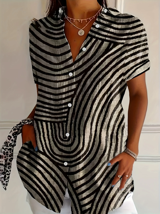 Damen abstrakte Streifen Kurzarm Bluse Sommer Print Hemdkragen Täglich Lässig Oberteile