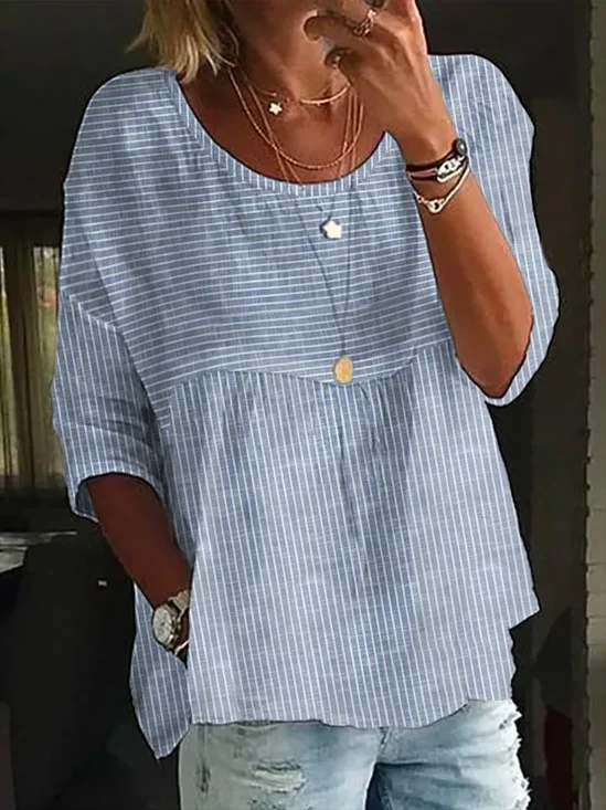 Damen Gestreift Halbarm Bluse Sommer Print Rundhals Täglich Lässig Oberteile