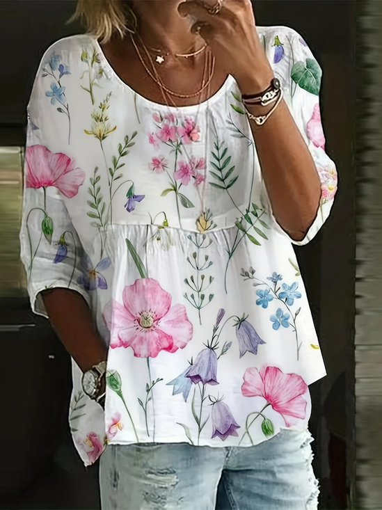 Damen Geblümt Halbarm Bluse Sommer Print Rundhals Täglich Lässig Oberteile